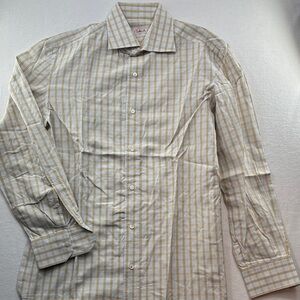 Isaia Men's Yellow Blue and White Print Dress Shirt - Size 15.5